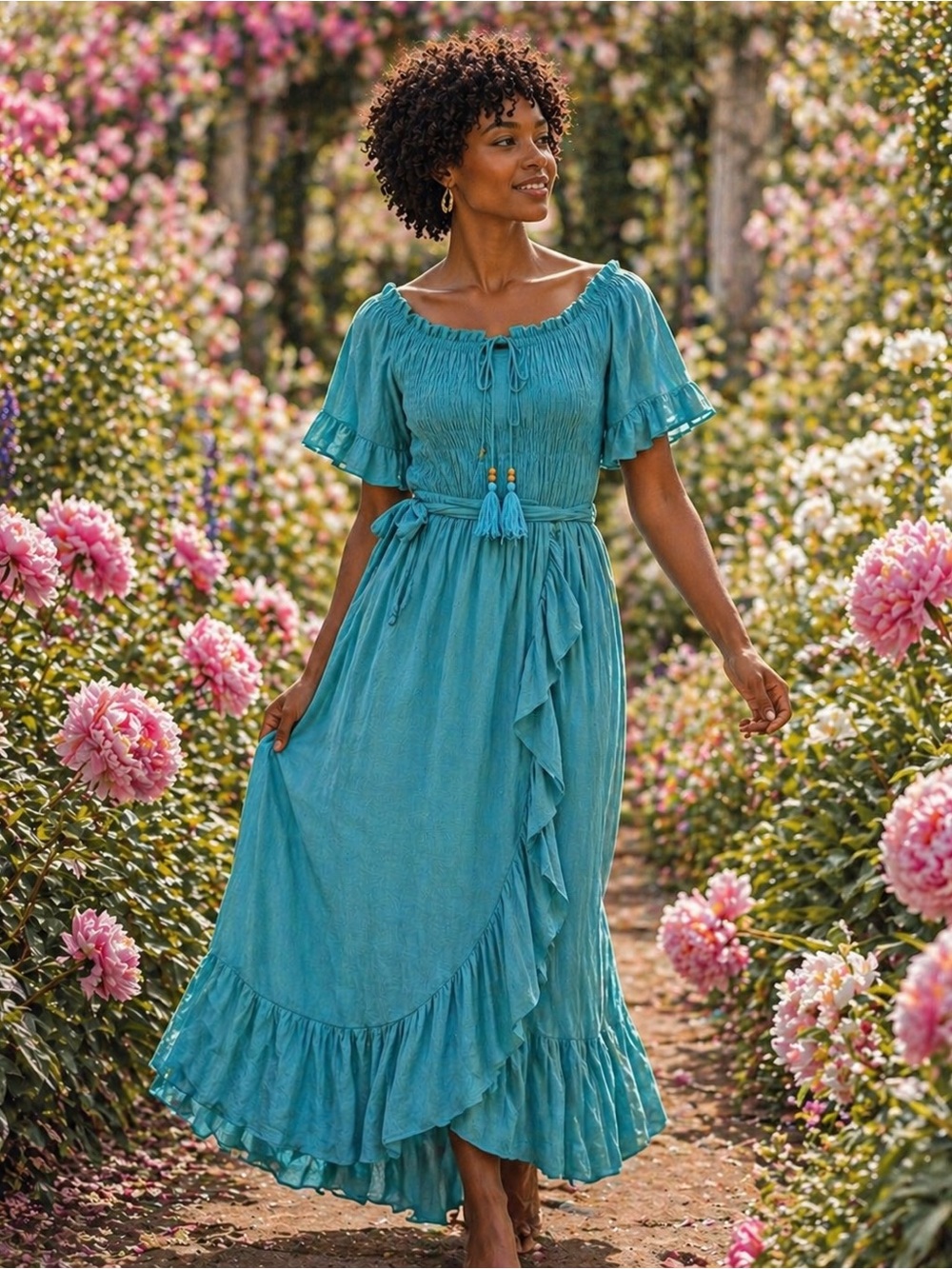 Women's Maxi teal Wrap Dress Size Small Boho 
Ruffle Dress with Tassel Tie